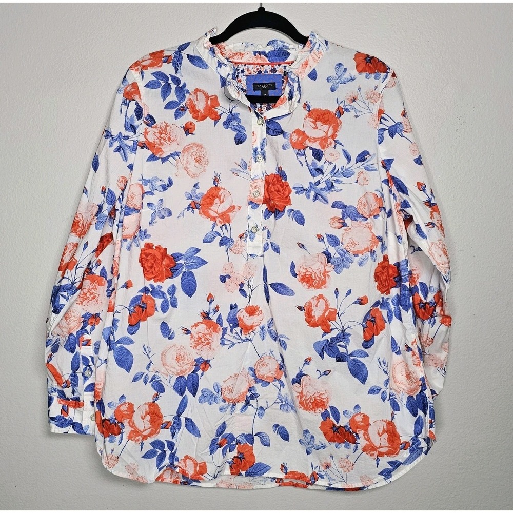 Talbots Plus Womens 1X White Blue Pink Popover Top Blouse Ruffle Button Shirt